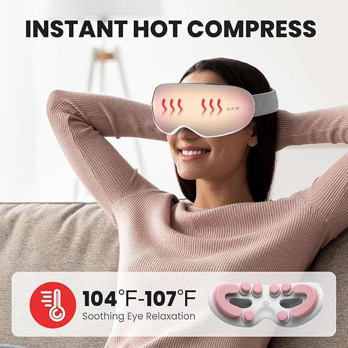 BOKOR Eye Massager with Heat & Wireless Music, Acupressure Massage for Migraines, Heated Eye Mask for Stress Relief, Sleep, and Dark Circles, for Teens, Gaming and Travel