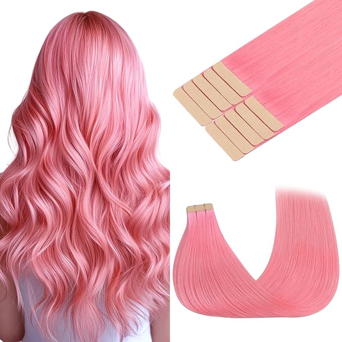 GOO GOO Tape in Hair Extensions Human Hair, Peach Pink, 10inch 20g 10pcs, Colored Tape ins Human Hair Extensions, Silky&Soft Invisible Tape Ins, Hair Highlighted for Party