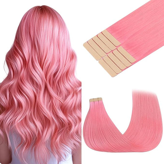 GOO GOO Tape in Hair Extensions Human Hair, Peach Pink, 10inch 20g 10pcs, Colored Tape ins Human Hair Extensions, Silky&Soft Invisible Tape Ins, Hair Highlighted for Party