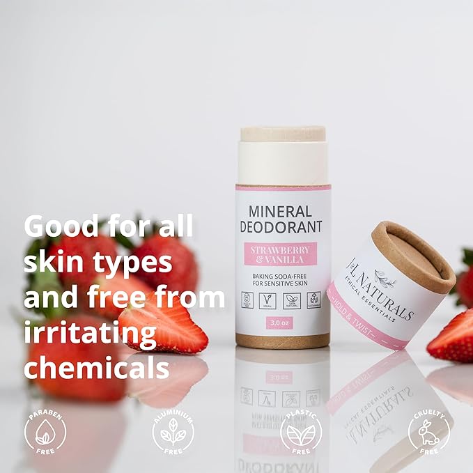 J&L Naturals Mineral Deodorant | Baking Soda-Free, 100% Natural, Sustainable | Sensitive Deodorant For Women & Men | Aluminum Free, Vegan, Cruelty-Free (Strawberry & Vanilla, 3 Oz (Pack of 1))