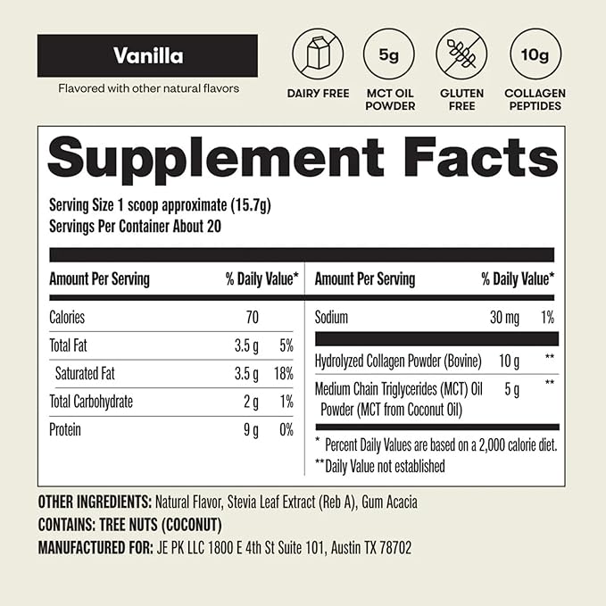 Perfect Keto Collagen Peptides Protein Powder with MCT Oil, Grass Fed, Hydrolyzed Collagen, Type I & III Supplement, Keto Coffee Creamer, Vanilla