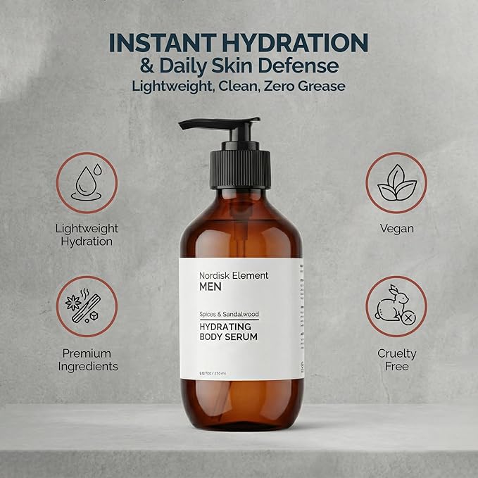 Nordisk Element Body Serum for Men, 9.13 Fl Oz | Lightweight & Instant Hydrating Serum with Hyaluronic Acid, Antioxidants & Nordic Botanicals | Vegan, Spices & Sandalwood Scent
