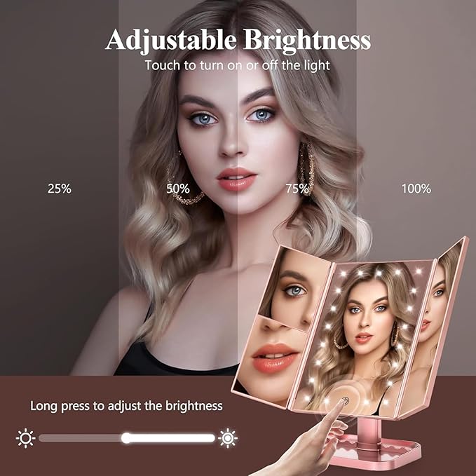 HUONUL Makeup Mirror, Vanity Mirror with Lights, 2X/3X/10X Magnification, Touch Control, Trifold, Dual Power Supply, Valentines Day Gifts for Her,Gifts for Women, Wife, Mom, Girls,Dorm Room Essentials