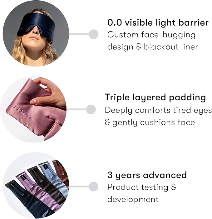 DROWSY Silk Sleep Mask - Face-Hugging, Padded Cocoon for Luxury Sleep in Total Darkness - 100% Pure Mulberry Silk, Skin-Hydrating & Adjustable (Midnight Blue)