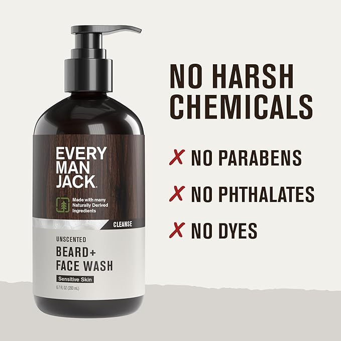 Every Man Jack Unscented Beard + Face Wash - Fragrance Free for Sensitive Skin - Naturally Cleanse and Condition Your Beard and Skin - 6.7-ounce (2 pack)