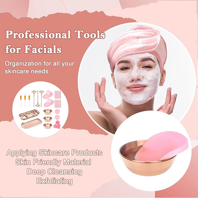 28 Rose Gold Facial Supplies 3 Facial Mask Mixing Bowls 3 Facial Fan Brushes 3 Mask Applicator Brushes 3 Mask Measuring Spoons Skincare Tray 3-Compartment Tray 12 Facial Sponges 2 Spa Headbands