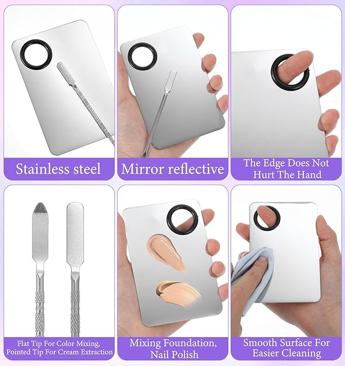 4Pcs Makeup Mixing Palette, Mixing Medium Makeup Foundation Spatula and Palette Foundation Brush Plate Spatula Puff, Perfect for Mixings Mediums, Ideal for Women & Girls, Stainless Steel Easy to Clean