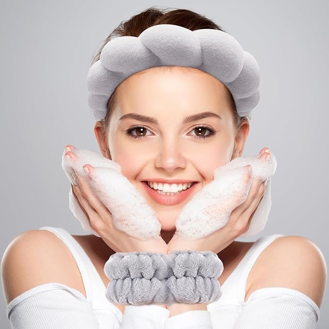 Zkptops Spa Headband for Washing Face Wristband Set Sponge Makeup Skincare Headband Terry Cloth Bubble Soft Get Ready Hairbands for Women Girl Puffy Padded Headwear Non Slip Thick Hair Accessory(Grey)