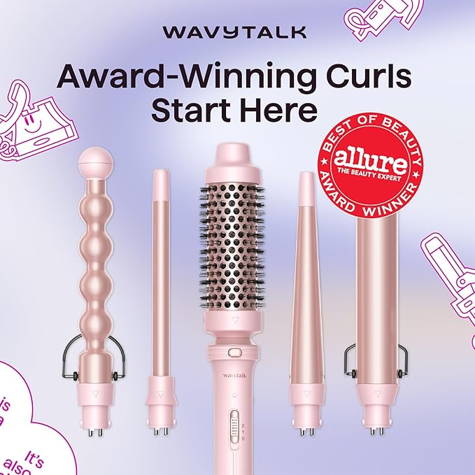 Wavytalk 5 in 1 Curling Iron,Curling Wand Set with Curling Brush and 4 Interchangeable Ceramic Curling Wand(0.5”-1.25”),Instant Heat Up,Include Heat Protective Glove & 2 Clips (Pink) (Pack of 2)