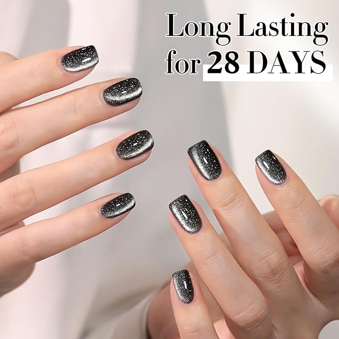 Double Rhythm Jelly Glass Cat Eye Gel Polish with Magnet 15ML Holographic Glitter Shimmer Translucent Sheer Color Magnetic Nail Polish Salon DIY at Home (Black Glitter-MC1061)