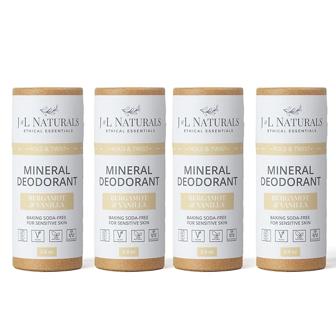 J&L Naturals Mineral Deodorant | Baking Soda-Free, 100% Natural, Sustainable Skin Care | Sensitive Deodorant For Women & Men | Aluminum Free, Vegan, Cruelty-Free (Bergamot & Vanilla, 3 Oz (Pack of 4))