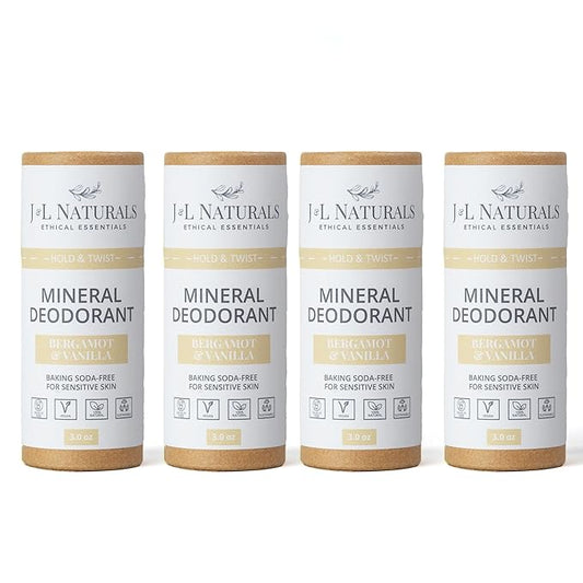 J&L Naturals Mineral Deodorant | Baking Soda-Free, 100% Natural, Sustainable Skin Care | Sensitive Deodorant For Women & Men | Aluminum Free, Vegan, Cruelty-Free (Bergamot & Vanilla, 3 Oz (Pack of 4))