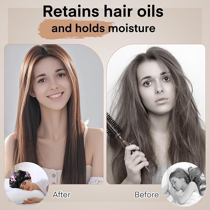 Arqumi 2 Pcs Satin Silk Bonnet for Sleeping Women, Large Long Strap Tie Band Adjustable Sleep Night Cap Curly Hair Bonnet Wrap for Braids Mother's Day Girls Gifts, Black+ Pink(Large, Flower Pattern)