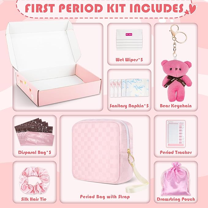 First Period Kit for Girls, 5.3" Checkered Tampon Holder for Purse, Menstrual Starter Tampon Bag Pad Pouch, Emergency Sanitary Napkin Storage Bag Teen Period Kit Gifts for Tweens