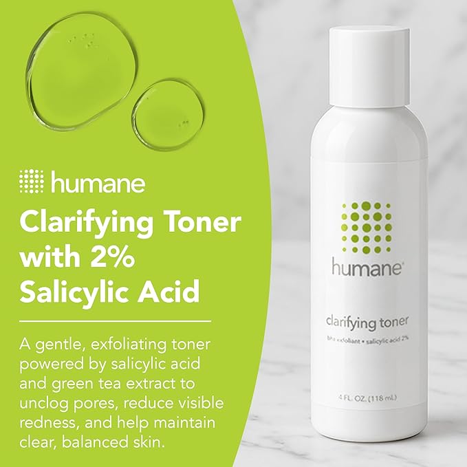 Humane Clarifying Toner for Face - 2% BHA Liquid Salicylic Acid - Pore Minimizer and Face Exfoliator - Gentle for All Skin Types - Removes Excess Oil, Dead Skin Cells, and Grime - 4 Ounce