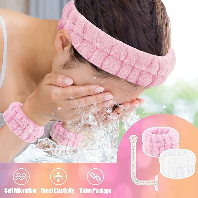 Face Wash Set - Headband and Absorbent Microfiber Wristbands with Holder for Face Washing and Spa Experience