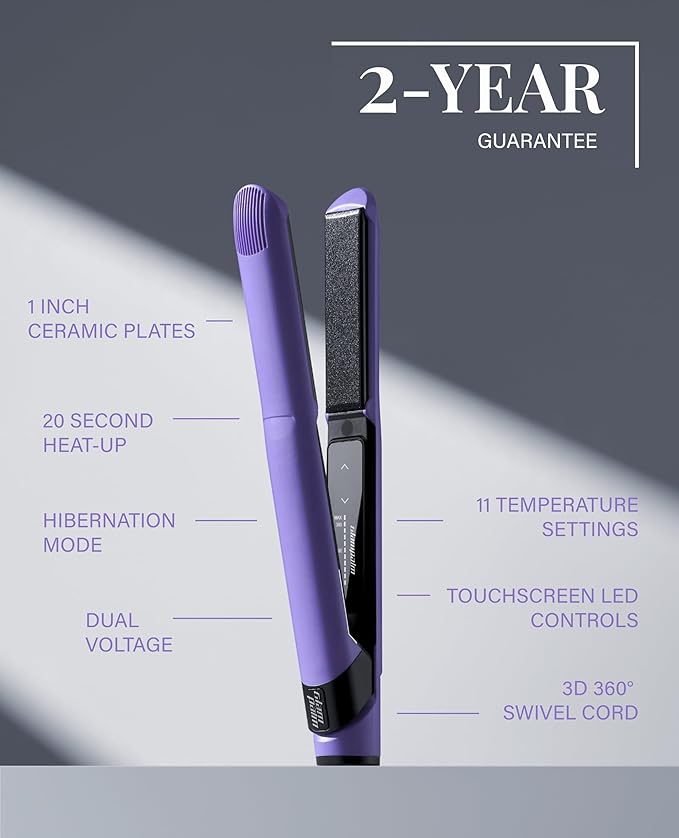 GLAMPALM Hair Straightener 1" Ceramic Flat Iron Infused with Vita C, Korea's No.1 Professional Salon Tool, 3D Swivel Cord & Dual Voltage, Digital LED(210°–450°), 20s Fast Heat-Up, Purple (GP201T)