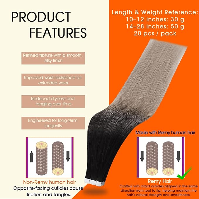 Full Shine Tape ins Human Hair Extensions Color 1B Black Ombre 18 Ash Blonde Remy Hair Extensions Real Human Hair Tape in 22Inch 50Gram Straight Seamless Skin Weft 20Pcs Add Volume