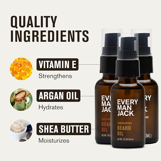Every Man Jack Beard Oil Gift Set for Men – Full Size 3-pack - Sandalwood, Vanilla + Cedar & Aged Bourbon Scents – Softens Beard + Adds Shine - Naturally Derived w/Shea Butter – 1 fl oz (3 Pack)