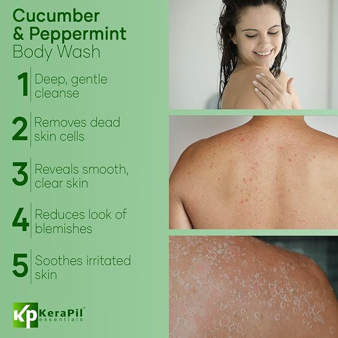 KERAPIL Exfoliating Body Wash with Salicylic Acid - No Dry Out, Gentle Exfoliates Rough and Bumpy Skin, Body Acne Wash, BHA & AHA - Cucumber and Mint Salicylic Acid Body Wash - (16 fl oz x 2)