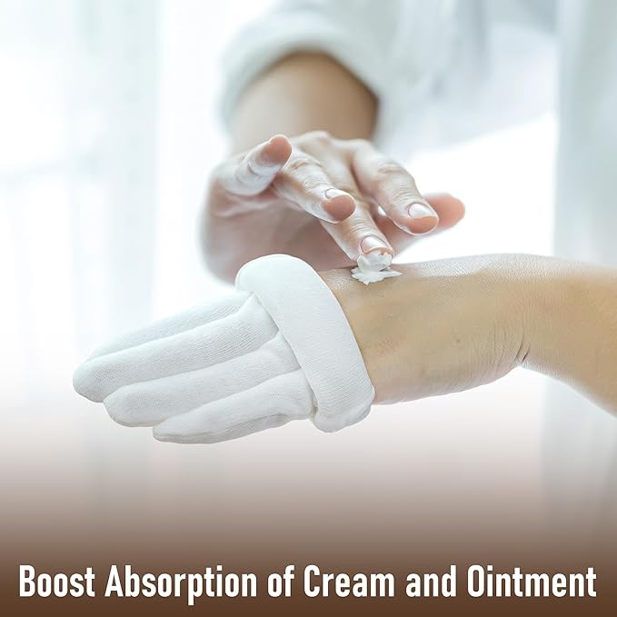 COOLJOB 4 Pairs Soft Moisturizing Cotton Gloves Set with Stretch Elastic Cuff, Overnight Lotion Sleeping Gloves for Dry Hands, Eczema Skin, Beauty Women SPA Essentials, Large, White