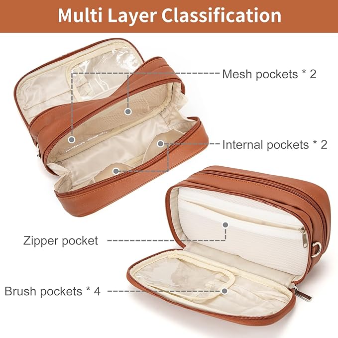 Makeup Bag for Women, Wide-open Makeup Organizer with Makeup Brush Holder, Waterproof Cosmetic Bag with Compartment, Portable Travel-Size Toiletry Bag for Traveling, Large Make Up Bag (Brown)