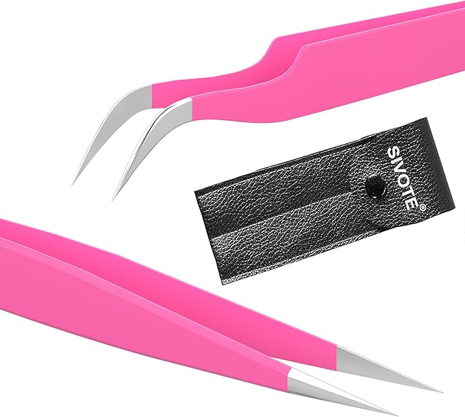 SIVOTE Lash Tweezers for Eyelash Extensions – Professional Stainless Steel Straight & Curved Tips – Precision Lash Extension Tweezers Set for Volume & Classic Lashes (c, Pink)