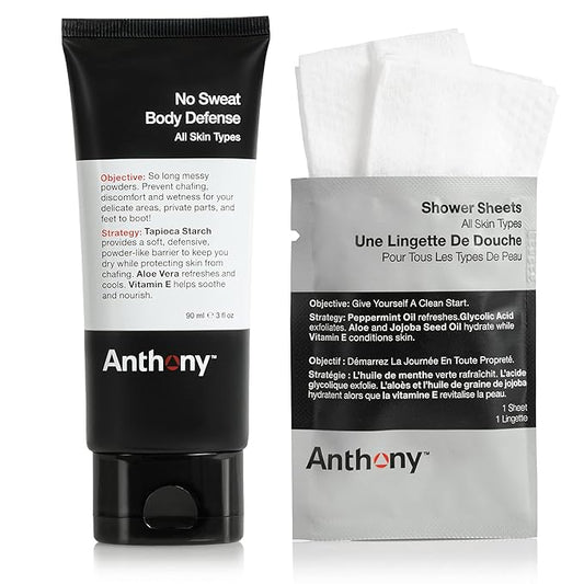 Anthony No Sweat Body Defenseand Shower Sheet Bundle – Anti-Chafing, Anti-Itch Cream-to-Powder – 3 Fl. Oz and 1 Shower Sheet, Protects Skin from Sweating