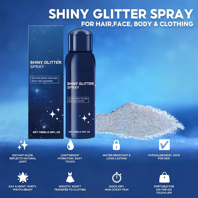 4-in-1 Shimmer Spray for Body, Hair, Makeup & Outfits - Travel-Size Glitter Spray for Instant Natural Glow, Lightweight & Quick-Dry for Parties, Photos, Festivals