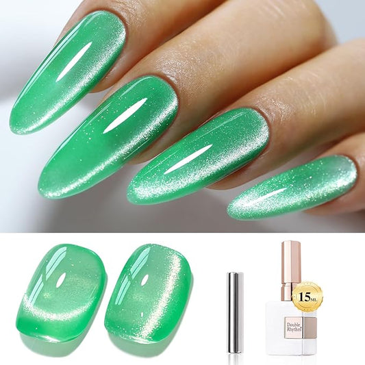 Double Rhythm Jelly Glass Cat Eye Gel Polish with Magnet 15ML Holographic Glitter Shimmer Translucent Sheer Color Magnetic Gel Polish Salon DIY at Home (Spring Green-MC1067)