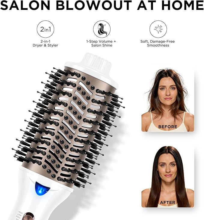 Aima Beauty Blow Dryer Brush - Ionic Ceramic Hot Air Brush for Frizz-Free Straightening & Voluminous Blowout, 2.3‘’/ 60mm Oval Barrel with Nylon Bristles, 360 Surrounded Vent, 3 Heat Settings, White