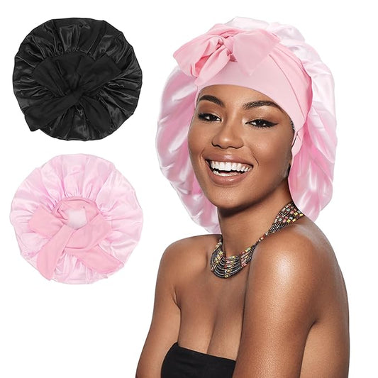 Arqumi Pack of 2 Satin Sleeping Bonnet, Large Sleep Bonnet with Long Strap, Adjustable Sleep Cap Hair Bonnet for Women & Men, Black+Pink