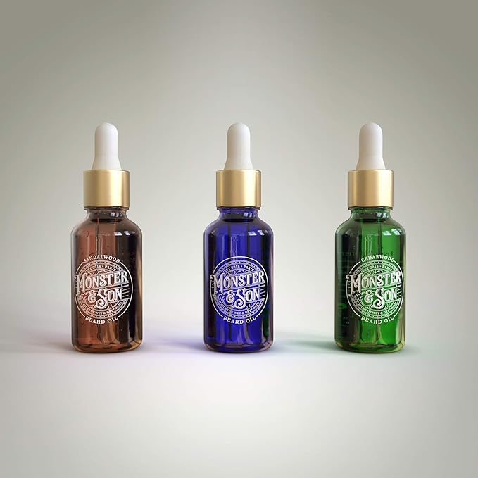 Monster&Son Cold Pressed Beard Oil Variety Pack x3 - Helps to Hydrate, Style and Promote New Hair Growth - Rich in Vitamins & Minerals - Jojoba, Argan & Meadowfoam Oils - Ideal Gift for Bearded Men