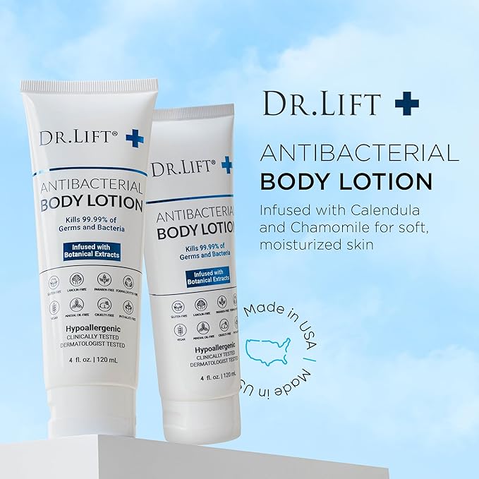 DR. LIFT Antibacterial Body Lotion, Hypoallergenic Formula with Vitamin C & E, Calendula and Chamomile, Gentle on Skin, Non Greasy and Fast Absorbing, Vegan, Paraben Free, Mineral Oil Free, 4 Fl Oz