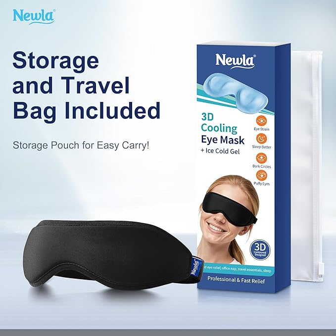 Contoured Cooling Gel Eye Mask: Snug Fit Cold Compress for Puffiness Migraines Dark Circles Sinus Eye Strain - Fits All Head Sizes - Daily Relaxation Beauty Care Travel (Black)