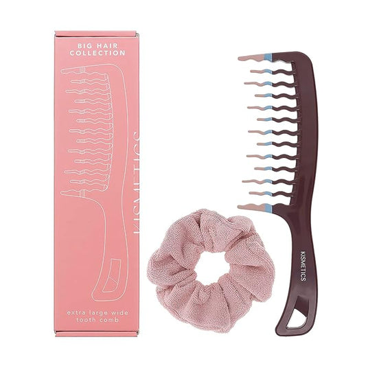 Big Hair Tools Extra Large Wide Tooth Comb for Thick, Curly, Wavy or Long Hair - Frizz-Free Detangling Shower Comb - Big Hair Comb and Microfiber Scrunchie