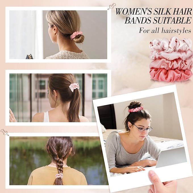 Cherry Pink Mulberry Silk Hair Scrunchies, 4Pcs Silk Hair Ties for Hair Sleep Frizz Breakage Valentine's Galentines Day Gifts