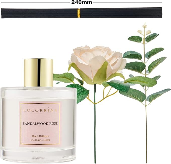 Cocorrina Reed Diffuser Set, Flower Reed Diffuser Sandalwood Rose 6.7 oz, Scented Diffuser with Sticks Home Fragrance Essential Oil for Bathroom Shelf Decor, Living Room, Large Room, 1pack