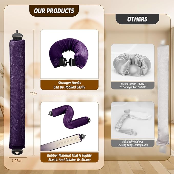 Heatless Curls Overnight Rods Jumbo Set, Heatless Hair Curler Velvet Satin Jumbo Flexi Rods to Sleep in, No Heat Overnight Sleeping Blowout Curls Wave Styling Tools with Silk Scarf 4pcs Purple