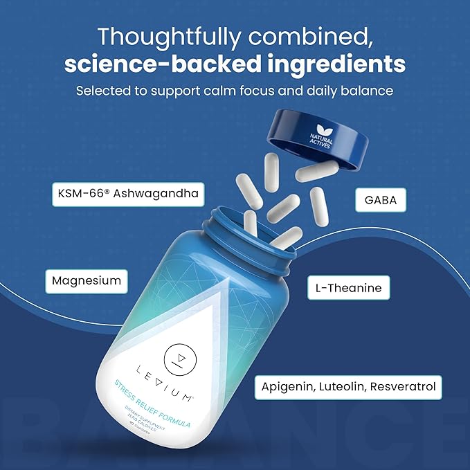 Levium Maximum Strength Stress Relief Supplement | Calm and Mood Support Supplement with KSM-66 Ashwagandha, GABA, L-Theanine, Magnesium | 90 Capsules, 30 Day Supply