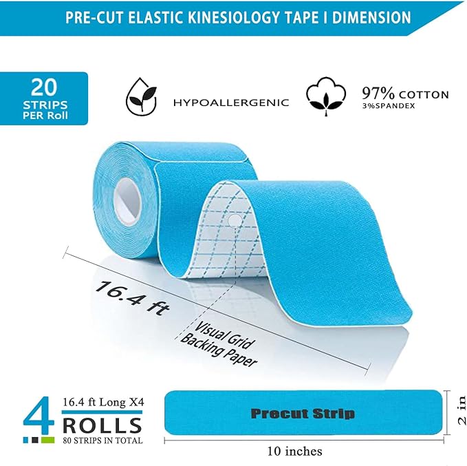 Kinesiology Tape Precut Pro-4Pack | Waterproof Elastic Athletic Tape, 66 ft 80 Strips, Medical Grade Cotton Adhesive Sports Tape for Muscle Pain Relief & Joint Support, Breathable K Tape-4Color