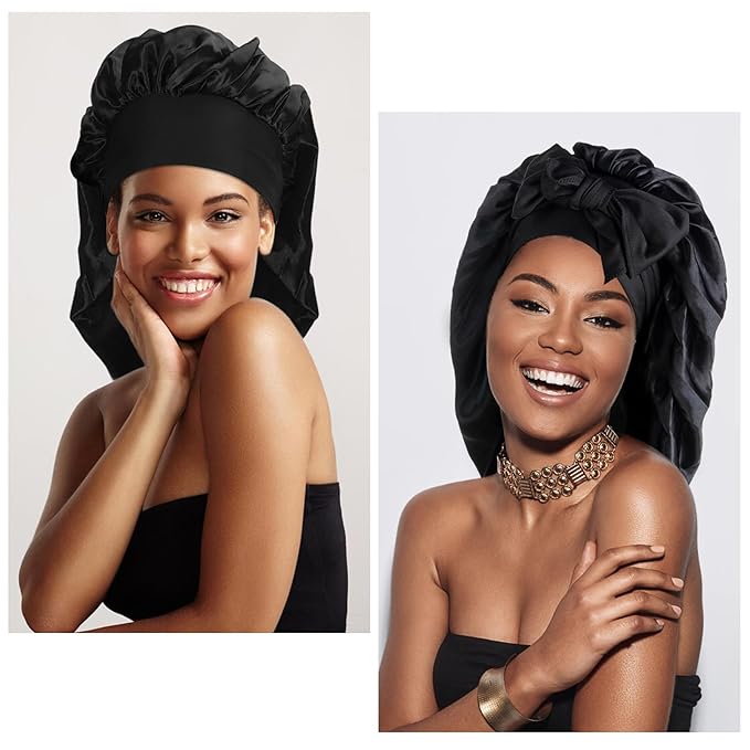 Arqumi 2 Pcs Satin Sleeping Bonnet, Large Long Strap Tie Band, Adjustable Sleep Night Cap Hair Bonnet for Women & Men, Black+Black