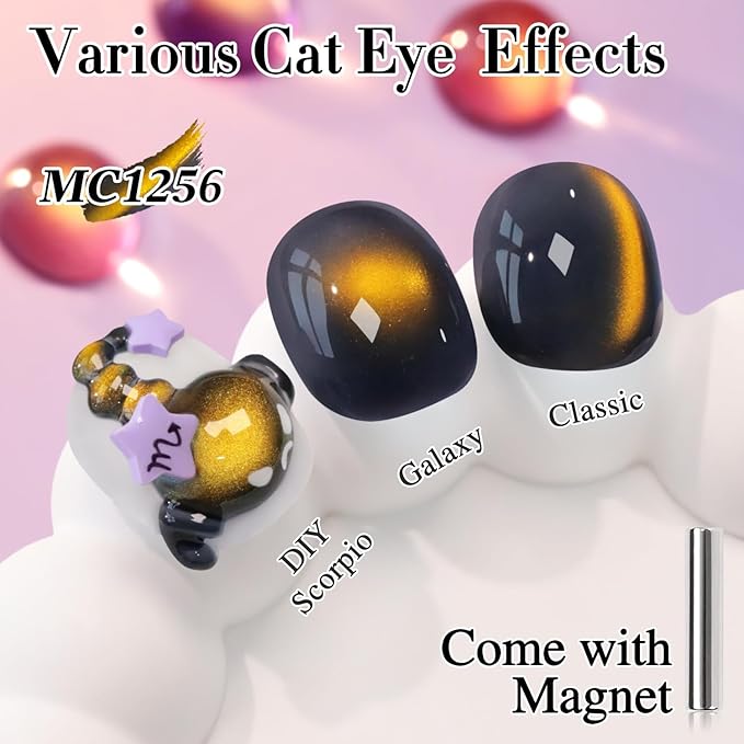 Double Rhythm Jelly Glass Cat Eye Gel Polish with Magnet 15ML Holographic Glitter Shimmer Translucent Sheer Color Magnetic Nail Polish Salon DIY at Home (Golden Black-MC1256)