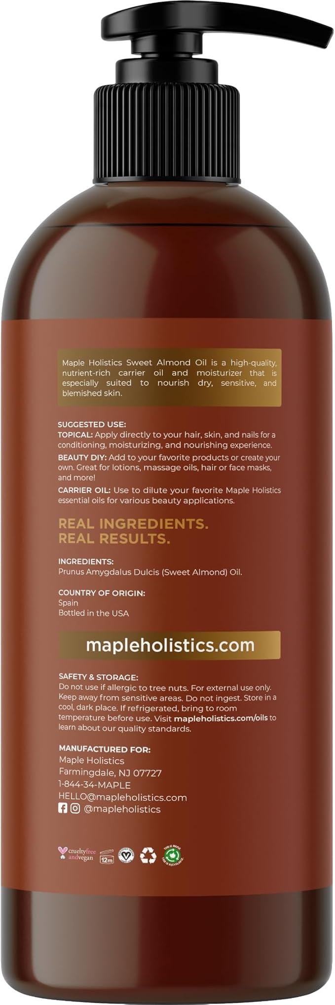 Cold Pressed Sweet Almond Oil - Pure Sweet Almond Oil for Skin Care and Moisturizing Body Oil for Men and Women - Carrier Oil for Essential Oils Mixing for Hair Skin and Nails DIY Beauty Products 16oz