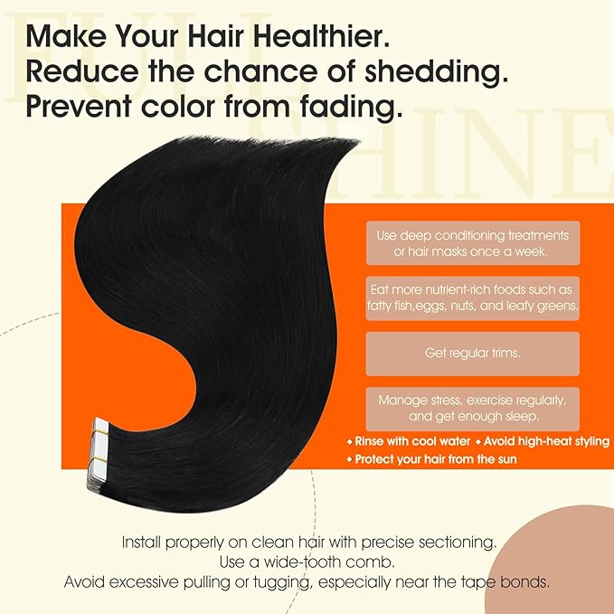 Full Shine Tape in Hair Extensions Human Hair 14Inch Black Remy Human Hair Extensions Invisible Color 1B Natural Tape in Extensions Real Human Hair 20Pcs 50G Double Sided Hair Extension Tape ins