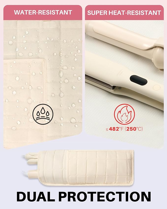 Hot Tools Travel Case with Heat Resistant Mat Pouch, Large Hair Tool Organizer Bag for Curling Iron Flat Iron Hair Dryer Hot Air Brush, Water Resistant Makeup Bag Gift for Women, Beige