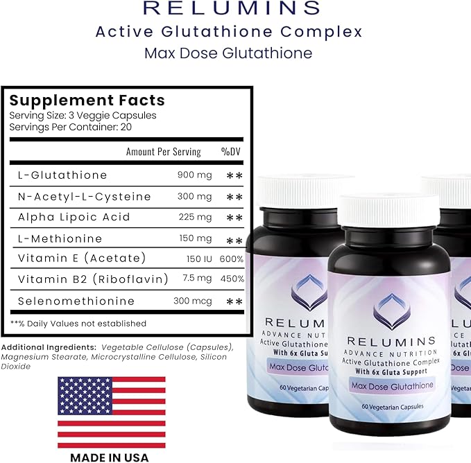 Relumins Advance White Active Glutathione Complex - Max Dose 900mg Glutathione with 6X Boosters, ALA & NAC - Anti-Aging Skin Brightening Supplement for Self-Care - 60 Caps x 3 Bottles