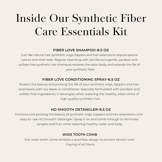 Jon Renau Synthetic Fiber Care Kit, Shampoo and Leave In Conditioner for Synthetic Wigs and Hair Extensions, Detangler Spray with Wide Tooth Comb, 4 Piece Set
