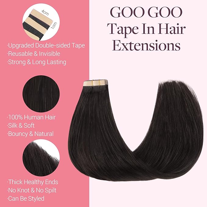 GOO GOO Tape in Hair Extensions Human Hair, 2 Dark Brown, 18inch 50g 20pcs, Skin Weft Seamless Invisible, Silky Straight with Thick Ends, Remy Human Hair