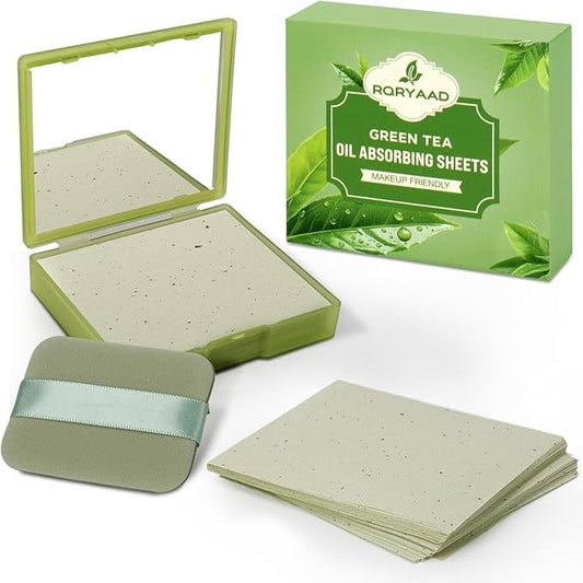 100 Oil Blotting Sheets for Face with Mirror & Puff, Green Tea Oil Absorbing Blotting Papers, Portable Blotting Sheets for All Skin Types, Makeup & Shine Control